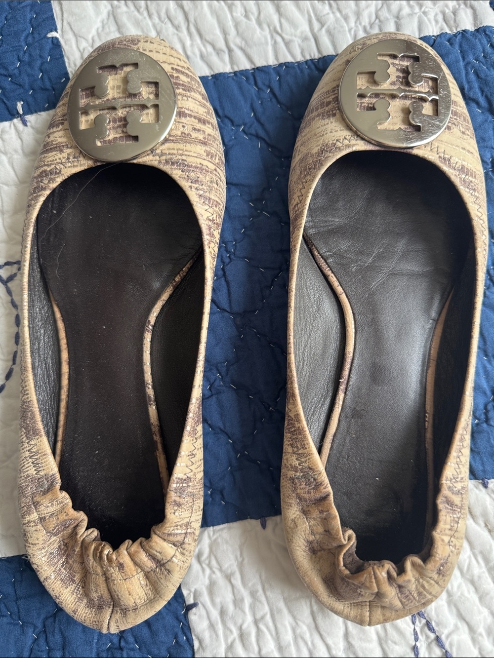 Tory Burch Beige Patterned Leather Logo Ballet Flats
